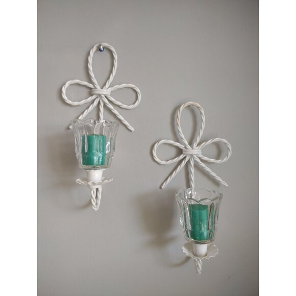 Vintage Pair 12" Twisted Rope Bow Metal Wire Wall Sconce Candle Holders, Votives - Picture 15 of 16